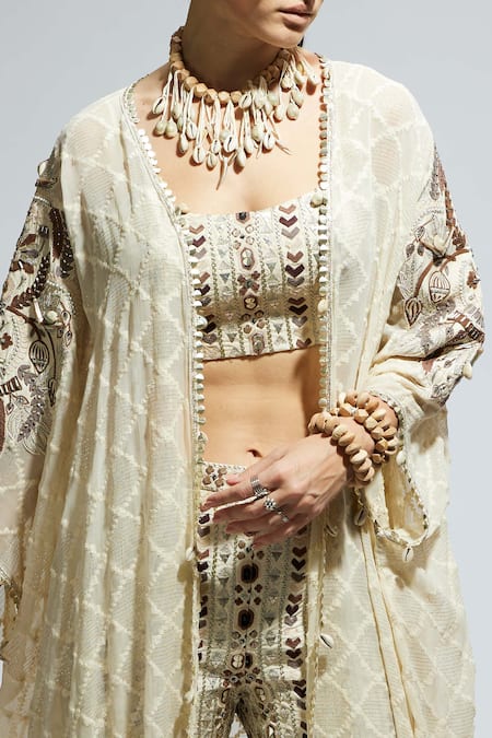 Buy_Sva By Sonam & Paras Modi_White Silk Mirrors, Sequins, Beads Round Neck Geometric Woven Cape Pant Set_Online_at_Aza_Fashions