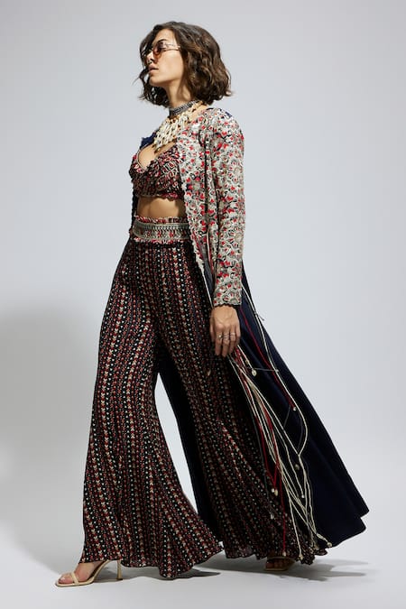 Buy Sva By Sonam & Paras Modi Blue Crepe Sequins, Embroidery Scoop Neck Thread Cape Sharara Set Online at Aza Fashions Buy_Sva By Sonam & Paras Modi_Blue Crepe Sequins, Embroidery Scoop Neck Thread Cape Sharara Set_Online_at_Aza_Fashions