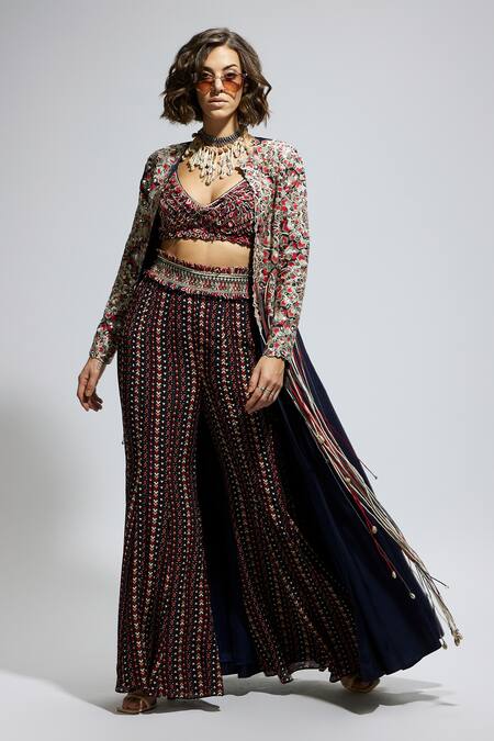 Sva By Sonam & Paras Modi Blue Crepe Sequins, Embroidery Scoop Neck Thread Cape Sharara Set at Aza Fashions Sva By Sonam & Paras Modi_Blue Crepe Sequins, Embroidery Scoop Neck Thread Cape Sharara Set_at_Aza_Fashions