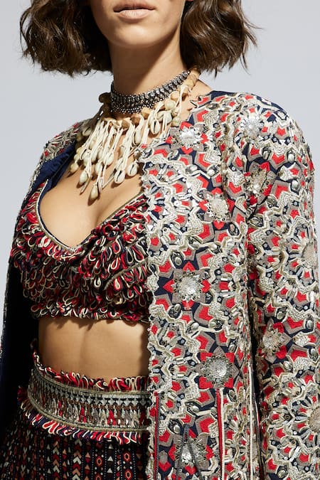 Buy Sva By Sonam & Paras Modi Blue Crepe Sequins, Embroidery Scoop Neck Thread Cape Sharara Set Buy_Sva By Sonam & Paras Modi_Blue Crepe Sequins, Embroidery Scoop Neck Thread Cape Sharara Set