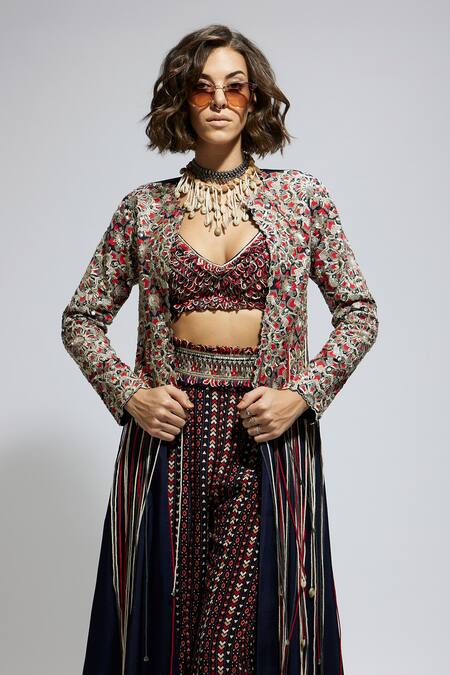 Shop Sva By Sonam & Paras Modi Blue Crepe Sequins, Embroidery Scoop Neck Thread Cape Sharara Set Shop_Sva By Sonam & Paras Modi_Blue Crepe Sequins, Embroidery Scoop Neck Thread Cape Sharara Set