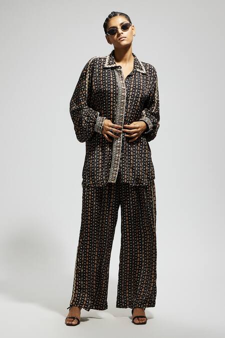 Sva By Sonam & Paras Modi Black Crepe Sequins, Embroidery Collared Boho Printed Shirt And Pant Set Online at Aza Fashions Sva By Sonam & Paras Modi_Black Crepe Sequins, Embroidery Collared Boho Printed Shirt And Pant Set_Online_at_Aza_Fashions