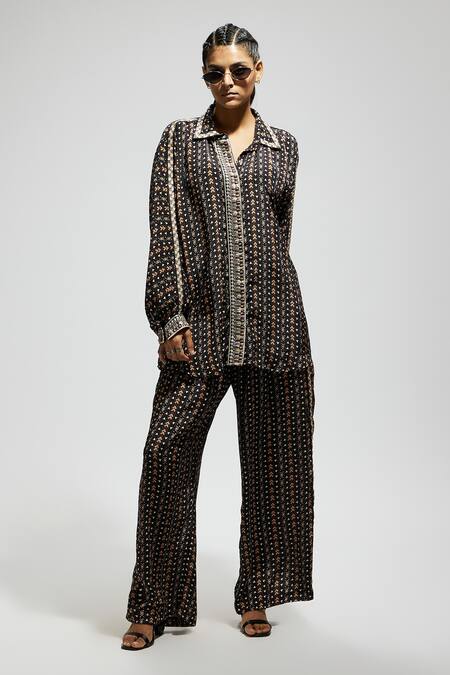 Buy Sva By Sonam & Paras Modi Black Crepe Sequins, Embroidery Collared Boho Printed Shirt And Pant Set Online at Aza Fashions Buy_Sva By Sonam & Paras Modi_Black Crepe Sequins, Embroidery Collared Boho Printed Shirt And Pant Set_Online_at_Aza_Fashions
