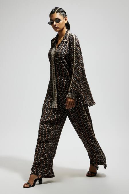 Sva By Sonam & Paras Modi Black Crepe Sequins, Embroidery Collared Boho Printed Shirt And Pant Set at Aza Fashions Sva By Sonam & Paras Modi_Black Crepe Sequins, Embroidery Collared Boho Printed Shirt And Pant Set_at_Aza_Fashions