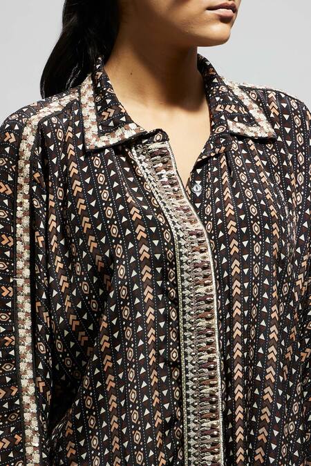 Buy Sva By Sonam & Paras Modi Black Crepe Sequins, Embroidery Collared Boho Printed Shirt And Pant Set Buy_Sva By Sonam & Paras Modi_Black Crepe Sequins, Embroidery Collared Boho Printed Shirt And Pant Set