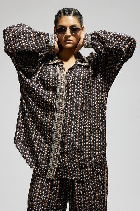 Shop Sva By Sonam & Paras Modi Black Crepe Sequins, Embroidery Collared Boho Printed Shirt And Pant Set Shop_Sva By Sonam & Paras Modi_Black Crepe Sequins, Embroidery Collared Boho Printed Shirt And Pant Set