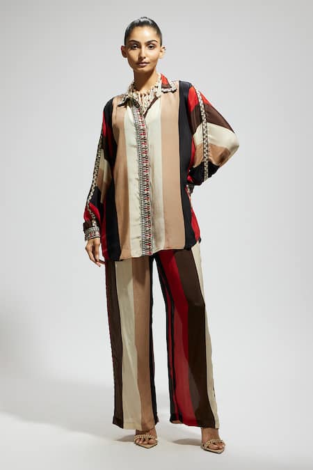 SVA by Sonam & Paras Modi Multi Color Stripe Print Shirt & Pant Set 