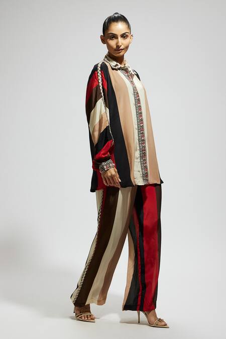 Sva By Sonam & Paras Modi Multi Color Crepe Sequins, Embroidery Collared Stripe Print Shirt And Pant Set Online at Aza Fashions Sva By Sonam & Paras Modi_Multi Color Crepe Sequins, Embroidery Collared Stripe Print Shirt And Pant Set_Online_at_Aza_Fashions