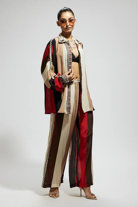 Buy Sva By Sonam & Paras Modi Multi Color Crepe Sequins, Embroidery Collared Stripe Print Shirt And Pant Set Online at Aza Fashions Buy_Sva By Sonam & Paras Modi_Multi Color Crepe Sequins, Embroidery Collared Stripe Print Shirt And Pant Set_Online_at_Aza_Fashions