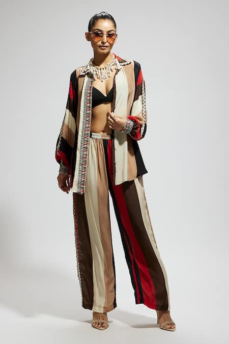 Sva By Sonam & Paras Modi Multi Color Crepe Sequins, Embroidery Collared Stripe Print Shirt And Pant Set at Aza Fashions Sva By Sonam & Paras Modi_Multi Color Crepe Sequins, Embroidery Collared Stripe Print Shirt And Pant Set_at_Aza_Fashions