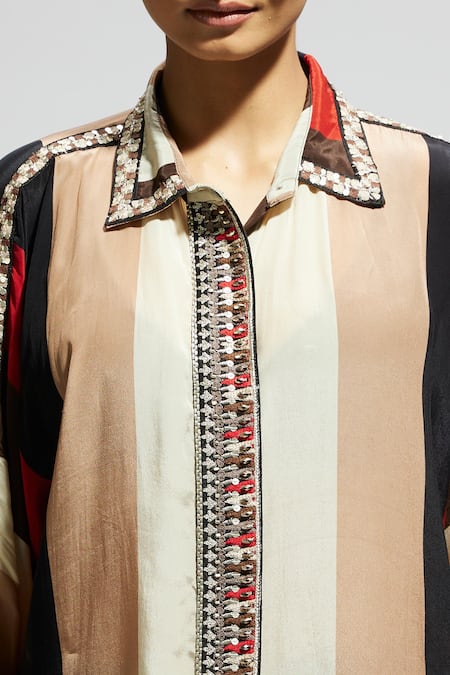 Buy Sva By Sonam & Paras Modi Multi Color Crepe Sequins, Embroidery Collared Stripe Print Shirt And Pant Set Buy_Sva By Sonam & Paras Modi_Multi Color Crepe Sequins, Embroidery Collared Stripe Print Shirt And Pant Set