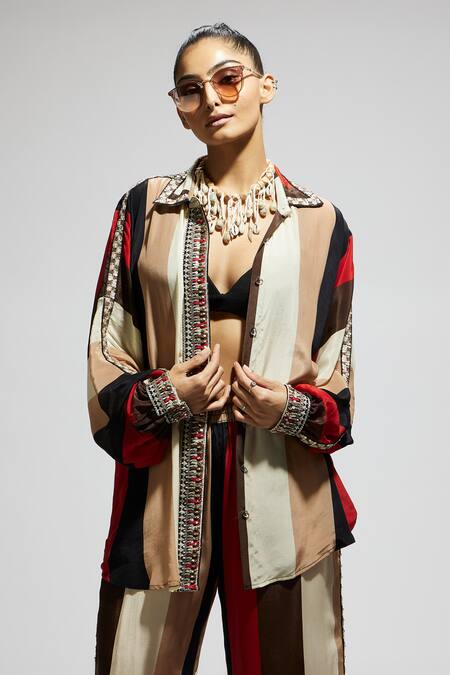 Shop Sva By Sonam & Paras Modi Multi Color Crepe Sequins, Embroidery Collared Stripe Print Shirt And Pant Set Shop_Sva By Sonam & Paras Modi_Multi Color Crepe Sequins, Embroidery Collared Stripe Print Shirt And Pant Set