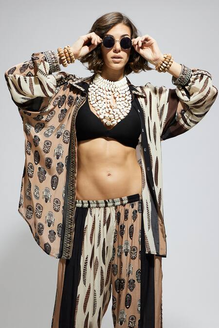 Shop Sva By Sonam & Paras Modi Multi Color Crepe Sequins, Feathers, Embroidery Printed Shirt And Pant Set Shop_Sva By Sonam & Paras Modi_Multi Color Crepe Sequins, Feathers, Embroidery Printed Shirt And Pant Set