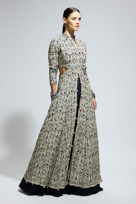 Sva By Sonam & Paras Modi White Crepe Sequins, Beads Mandarin Collar Floral Jaal Print Jacket With Lehenga Online at Aza Fashions Sva By Sonam & Paras Modi_White Crepe Sequins, Beads Mandarin Collar Floral Jaal Print Jacket With Lehenga_Online_at_Aza_Fashions