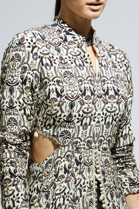 Buy Sva By Sonam & Paras Modi White Crepe Sequins, Beads Mandarin Collar Floral Jaal Print Jacket With Lehenga Online at Aza Fashions Buy_Sva By Sonam & Paras Modi_White Crepe Sequins, Beads Mandarin Collar Floral Jaal Print Jacket With Lehenga_Online_at_Aza_Fashions