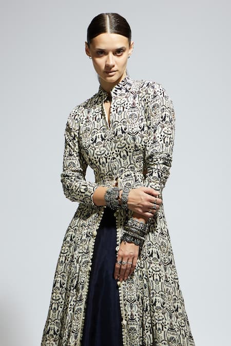 Shop Sva By Sonam & Paras Modi White Crepe Sequins, Beads Mandarin Collar Floral Jaal Print Jacket With Lehenga Online at Aza Fashions Shop_Sva By Sonam & Paras Modi_White Crepe Sequins, Beads Mandarin Collar Floral Jaal Print Jacket With Lehenga_Online_at_Aza_Fashions