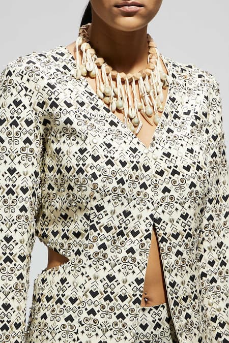 Shop Sva By Sonam & Paras Modi White Crepe Sequins, Beads V-neck Geometric Print Jacket And Flared Pant Set Shop_Sva By Sonam & Paras Modi_White Crepe Sequins, Beads V-neck Geometric Print Jacket And Flared Pant Set