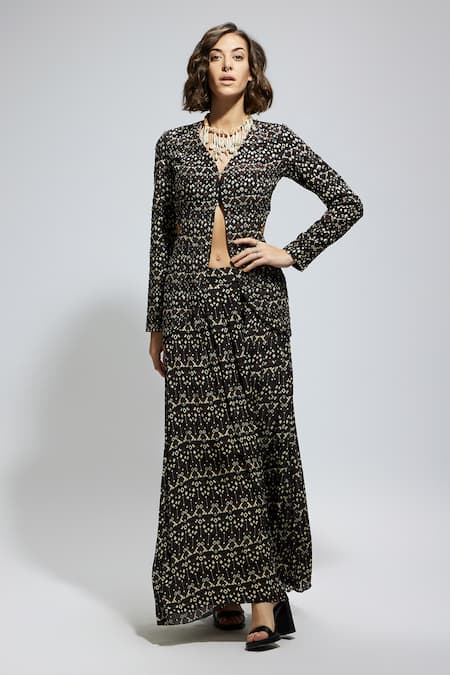 Sva By Sonam & Paras Modi_Black Crepe Beads, Sequins V-neck Geometric Embellished Jacket And Pant Set_at_Aza_Fashions