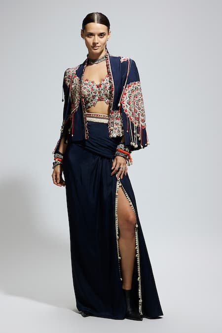 SVA by Sonam & Paras Modi Blue Thread Embroidered Jacket & Skirt Set 