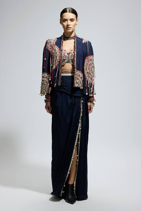 Sva By Sonam & Paras Modi_Blue Silk Sequins, Embroidery Sweetheart Neck, Open Thread Jacket And Skirt Set_Online_at_Aza_Fashions