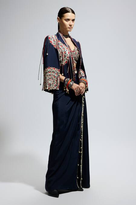 Buy_Sva By Sonam & Paras Modi_Blue Silk Sequins, Embroidery Sweetheart Neck, Open Thread Jacket And Skirt Set_Online_at_Aza_Fashions