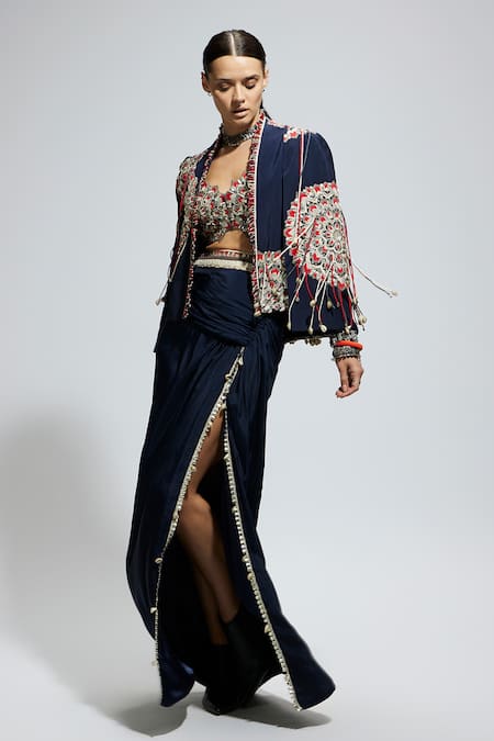 Sva By Sonam & Paras Modi_Blue Silk Sequins, Embroidery Sweetheart Neck, Open Thread Jacket And Skirt Set_at_Aza_Fashions