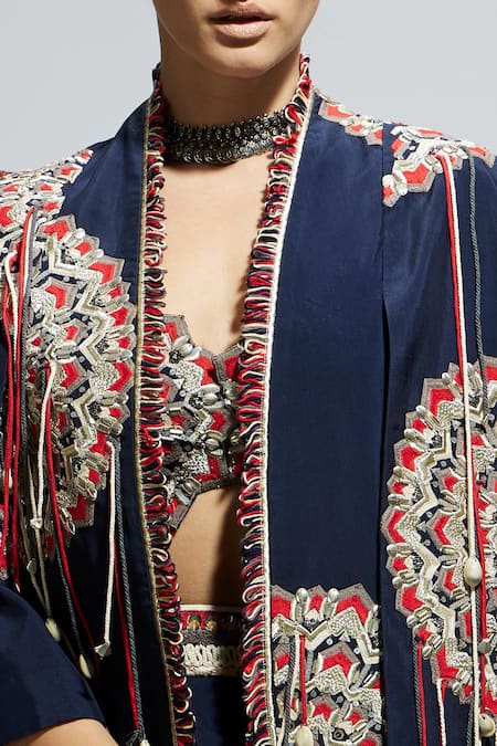 Buy_Sva By Sonam & Paras Modi_Blue Silk Sequins, Embroidery Sweetheart Neck, Open Thread Jacket And Skirt Set