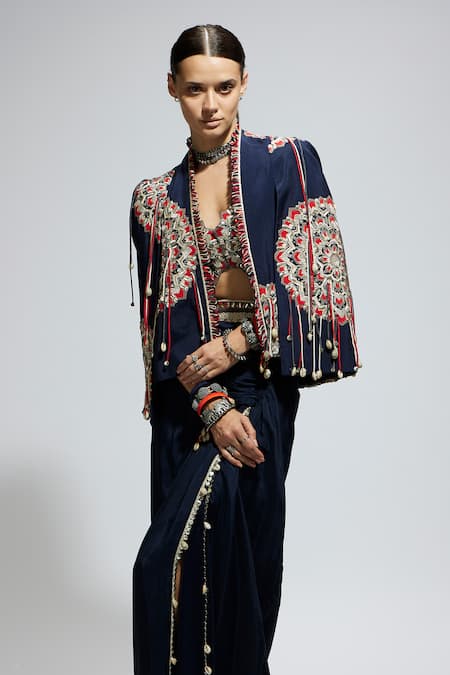 Shop_Sva By Sonam & Paras Modi_Blue Silk Sequins, Embroidery Sweetheart Neck, Open Thread Jacket And Skirt Set