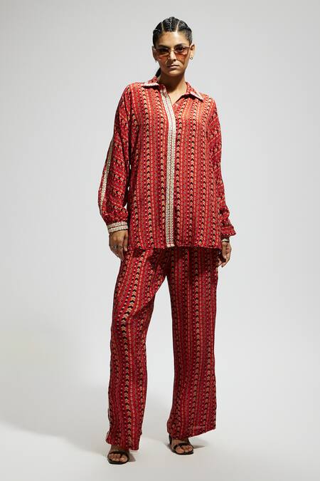 Sva By Sonam & Paras Modi Orange Crepe Sequins, Zari Collared Embellished Boho Print Shirt And Pant Set Online at Aza Fashions Sva By Sonam & Paras Modi_Orange Crepe Sequins, Zari Collared Embellished Boho Print Shirt And Pant Set_Online_at_Aza_Fashions