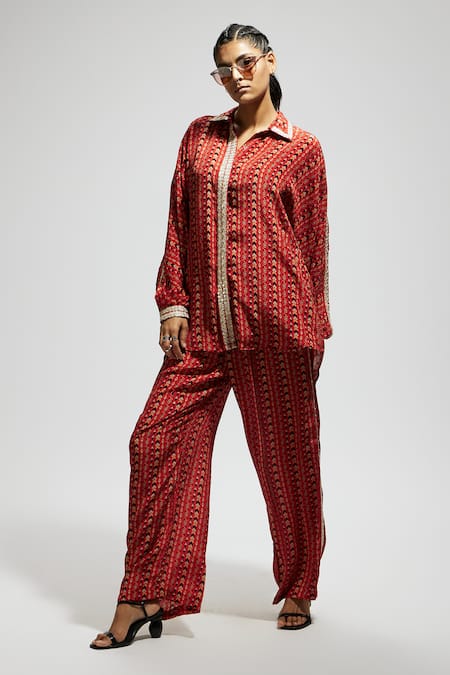 Buy Sva By Sonam & Paras Modi Orange Crepe Sequins, Zari Collared Embellished Boho Print Shirt And Pant Set Online at Aza Fashions Buy_Sva By Sonam & Paras Modi_Orange Crepe Sequins, Zari Collared Embellished Boho Print Shirt And Pant Set_Online_at_Aza_Fashions