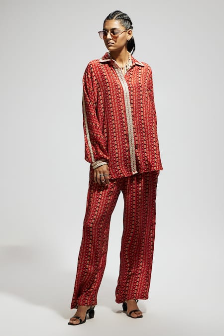 Sva By Sonam & Paras Modi Orange Crepe Sequins, Zari Collared Embellished Boho Print Shirt And Pant Set at Aza Fashions Sva By Sonam & Paras Modi_Orange Crepe Sequins, Zari Collared Embellished Boho Print Shirt And Pant Set_at_Aza_Fashions