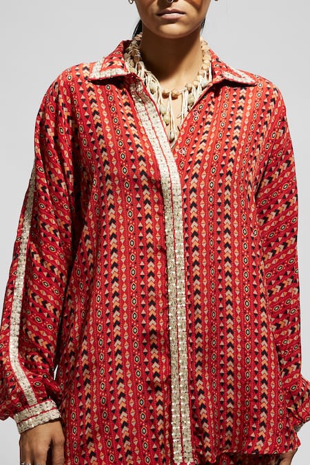 Buy Sva By Sonam & Paras Modi Orange Crepe Sequins, Zari Collared Embellished Boho Print Shirt And Pant Set Buy_Sva By Sonam & Paras Modi_Orange Crepe Sequins, Zari Collared Embellished Boho Print Shirt And Pant Set