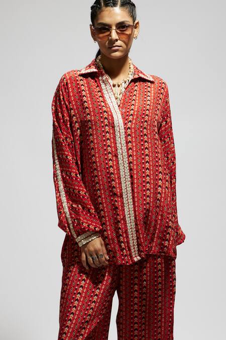 Shop Sva By Sonam & Paras Modi Orange Crepe Sequins, Zari Collared Embellished Boho Print Shirt And Pant Set Shop_Sva By Sonam & Paras Modi_Orange Crepe Sequins, Zari Collared Embellished Boho Print Shirt And Pant Set