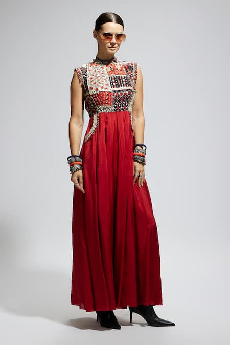 Sva By Sonam & Paras Modi_Red Crepe Sequins, Beads, Patchwork High Neck Embroidered Jumpsuit_Online_at_Aza_Fashions
