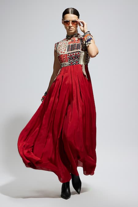 Sva By Sonam & Paras Modi_Red Crepe Sequins, Beads, Patchwork High Neck Embroidered Jumpsuit_at_Aza_Fashions
