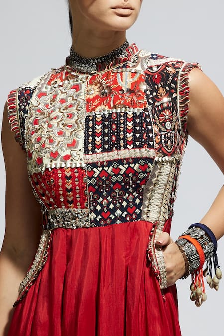Buy_Sva By Sonam & Paras Modi_Red Crepe Sequins, Beads, Patchwork High Neck Embroidered Jumpsuit