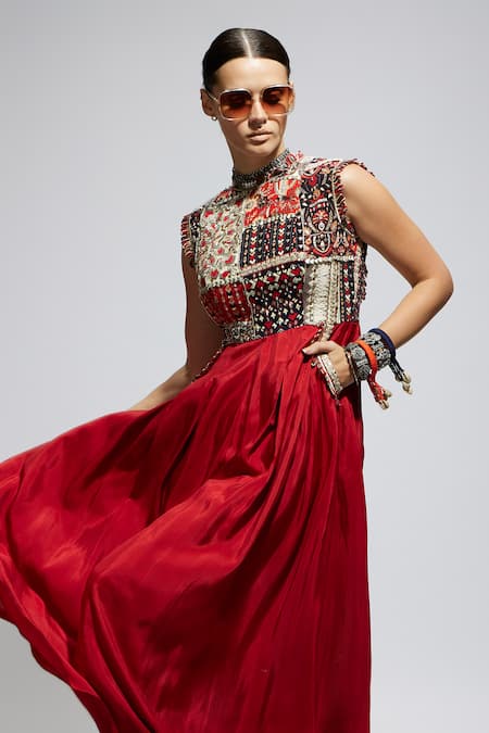 Shop_Sva By Sonam & Paras Modi_Red Crepe Sequins, Beads, Patchwork High Neck Embroidered Jumpsuit