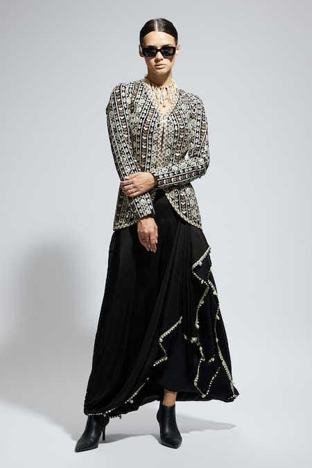 SVA by Sonam & Paras Modi Geometric Embroidered Jacket & Draped Skirt Set 