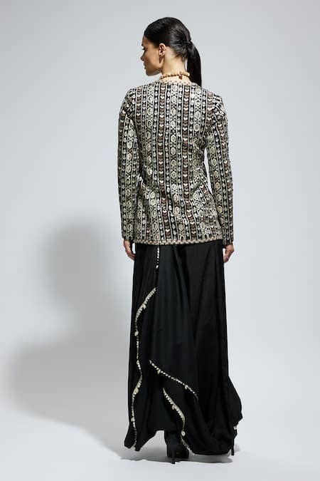Shop Sva By Sonam & Paras Modi Black Silk Sequins, Mirrors Geometric Embroidered Jacket And Draped Skirt Set at Aza Fashions Shop_Sva By Sonam & Paras Modi_Black Silk Sequins, Mirrors Geometric Embroidered Jacket And Draped Skirt Set_at_Aza_Fashions