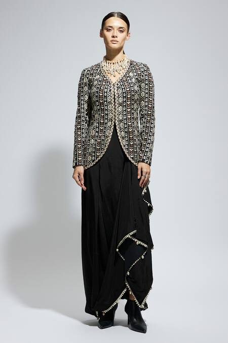 Sva By Sonam & Paras Modi Black Silk Sequins, Mirrors Geometric Embroidered Jacket And Draped Skirt Set Online at Aza Fashions Sva By Sonam & Paras Modi_Black Silk Sequins, Mirrors Geometric Embroidered Jacket And Draped Skirt Set_Online_at_Aza_Fashions