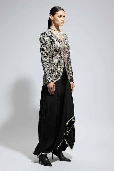 Buy Sva By Sonam & Paras Modi Black Silk Sequins, Mirrors Geometric Embroidered Jacket And Draped Skirt Set Online at Aza Fashions Buy_Sva By Sonam & Paras Modi_Black Silk Sequins, Mirrors Geometric Embroidered Jacket And Draped Skirt Set_Online_at_Aza_Fashions