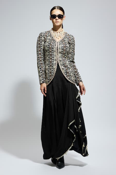 Sva By Sonam & Paras Modi Black Silk Sequins, Mirrors Geometric Embroidered Jacket And Draped Skirt Set at Aza Fashions Sva By Sonam & Paras Modi_Black Silk Sequins, Mirrors Geometric Embroidered Jacket And Draped Skirt Set_at_Aza_Fashions