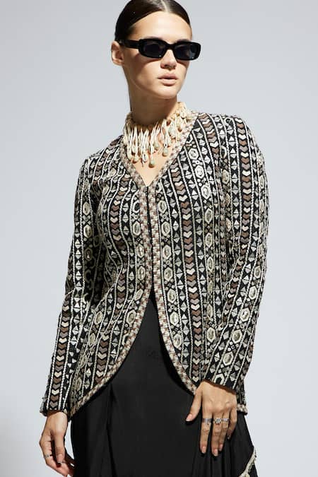 Buy Sva By Sonam & Paras Modi Black Silk Sequins, Mirrors Geometric Embroidered Jacket And Draped Skirt Set Buy_Sva By Sonam & Paras Modi_Black Silk Sequins, Mirrors Geometric Embroidered Jacket And Draped Skirt Set