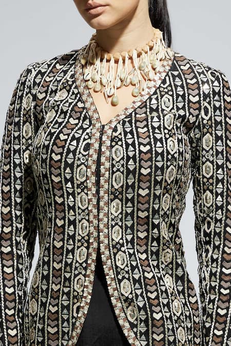 Shop Sva By Sonam & Paras Modi Black Silk Sequins, Mirrors Geometric Embroidered Jacket And Draped Skirt Set Shop_Sva By Sonam & Paras Modi_Black Silk Sequins, Mirrors Geometric Embroidered Jacket And Draped Skirt Set