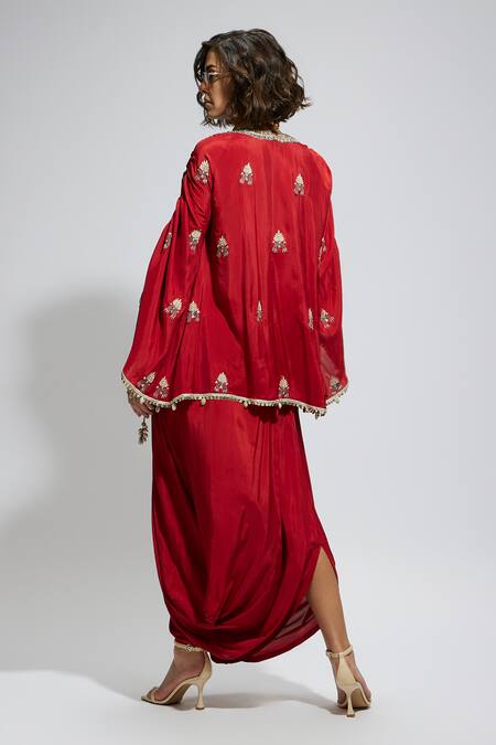 Sva By Sonam & Paras Modi Red Paisley Embroidered Kaftan & Draped Skirt 