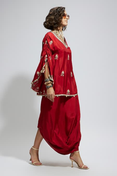 Sva By Sonam & Paras Modi Red Silk Sequins, Beads, Foil Printing Paisley Embroidered Kaftan And Draped Skirt Online at Aza Fashions Sva By Sonam & Paras Modi_Red Silk Sequins, Beads, Foil Printing Paisley Embroidered Kaftan And Draped Skirt_Online_at_Aza_Fashions