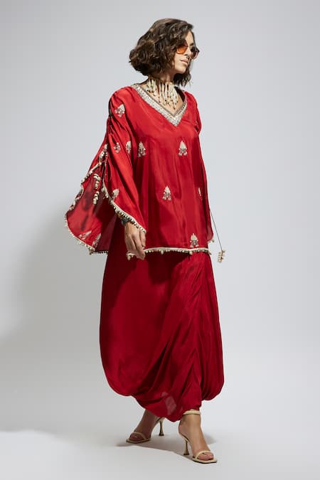 Buy Sva By Sonam & Paras Modi Red Silk Sequins, Beads, Foil Printing Paisley Embroidered Kaftan And Draped Skirt Online at Aza Fashions Buy_Sva By Sonam & Paras Modi_Red Silk Sequins, Beads, Foil Printing Paisley Embroidered Kaftan And Draped Skirt_Online_at_Aza_Fashions