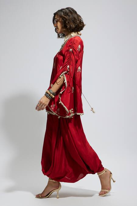 Sva By Sonam & Paras Modi Red Silk Sequins, Beads, Foil Printing Paisley Embroidered Kaftan And Draped Skirt at Aza Fashions Sva By Sonam & Paras Modi_Red Silk Sequins, Beads, Foil Printing Paisley Embroidered Kaftan And Draped Skirt_at_Aza_Fashions