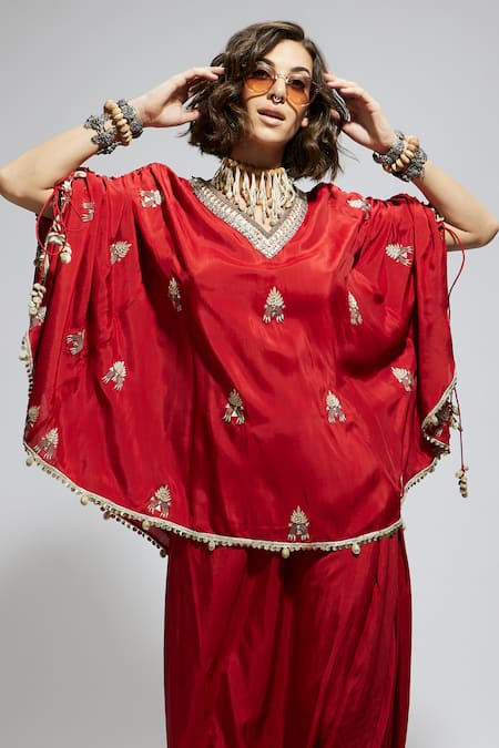 Buy Sva By Sonam & Paras Modi Red Silk Sequins, Beads, Foil Printing Paisley Embroidered Kaftan And Draped Skirt Buy_Sva By Sonam & Paras Modi_Red Silk Sequins, Beads, Foil Printing Paisley Embroidered Kaftan And Draped Skirt
