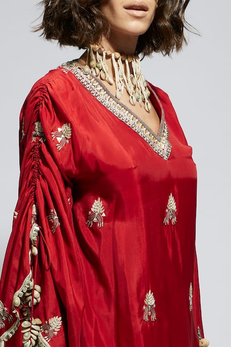 Shop Sva By Sonam & Paras Modi Red Silk Sequins, Beads, Foil Printing Paisley Embroidered Kaftan And Draped Skirt Shop_Sva By Sonam & Paras Modi_Red Silk Sequins, Beads, Foil Printing Paisley Embroidered Kaftan And Draped Skirt